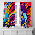 Abstract Window Curtain - Red and Blue Psychedelic Pattern - Deja Blue Studios