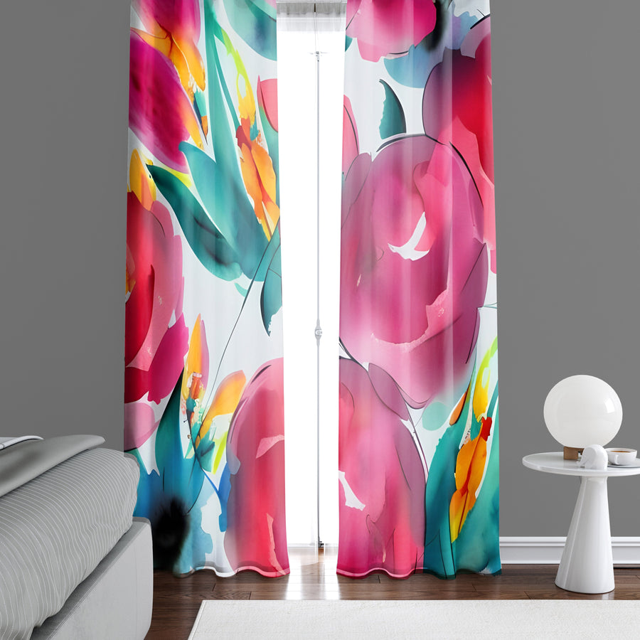 Floral Window Curtain - Watercolor Rose Bouquet - Deja Blue Studios
