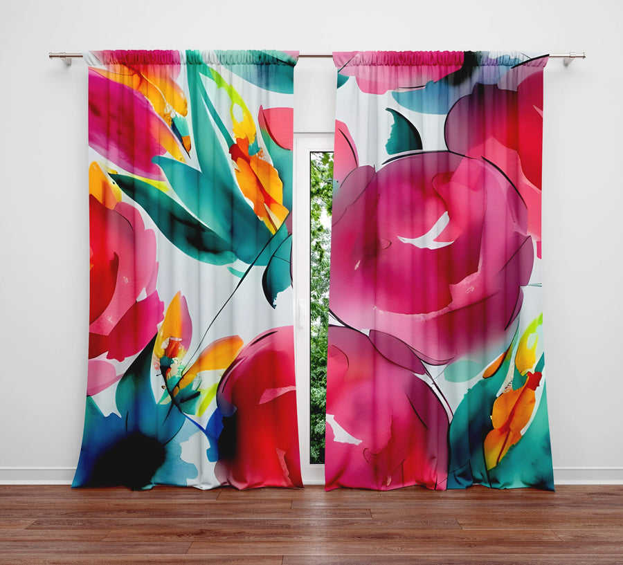 Floral Window Curtain - Watercolor Rose Bouquet - Deja Blue Studios