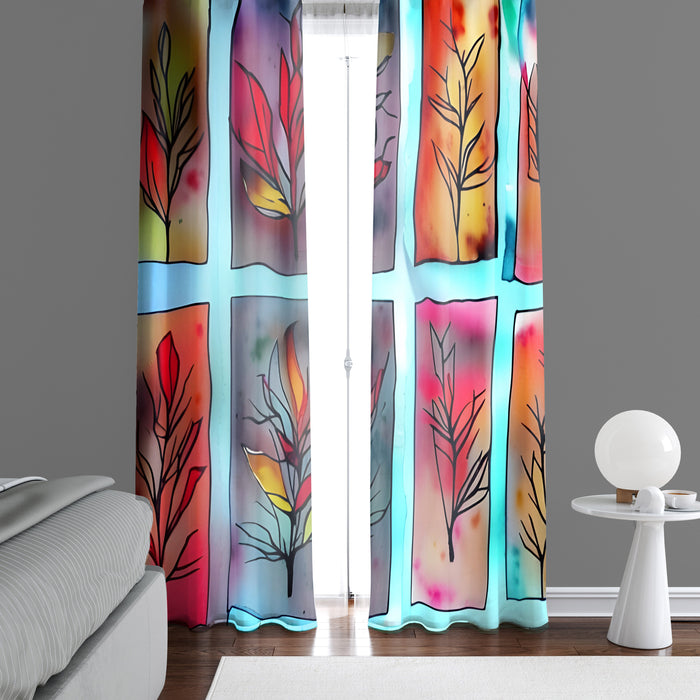 Floral Window Curtain - Pressed Autumn Leaves Stained Glass - Deja Blue Studios