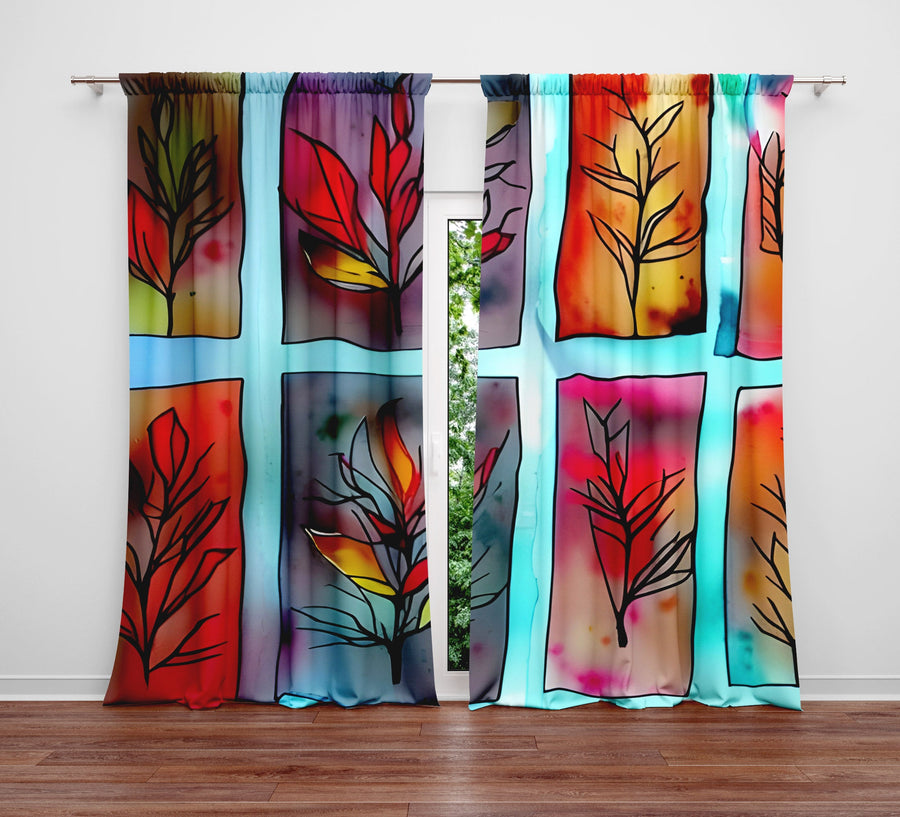 Floral Window Curtain - Pressed Autumn Leaves Stained Glass - Deja Blue Studios
