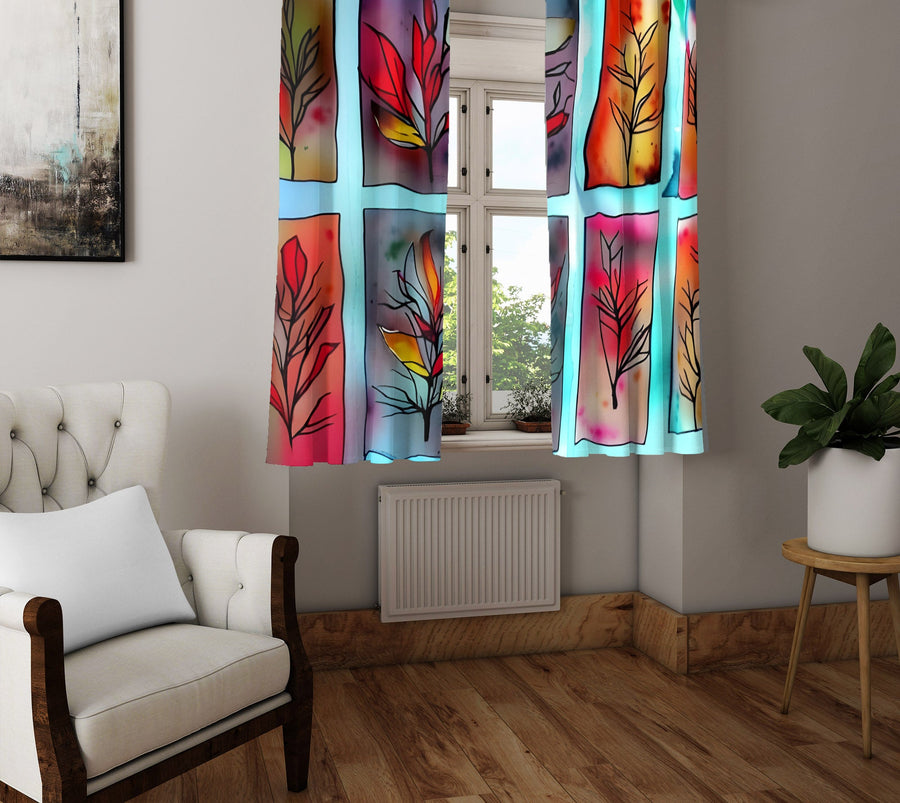 Floral Window Curtain - Pressed Autumn Leaves Stained Glass - Deja Blue Studios