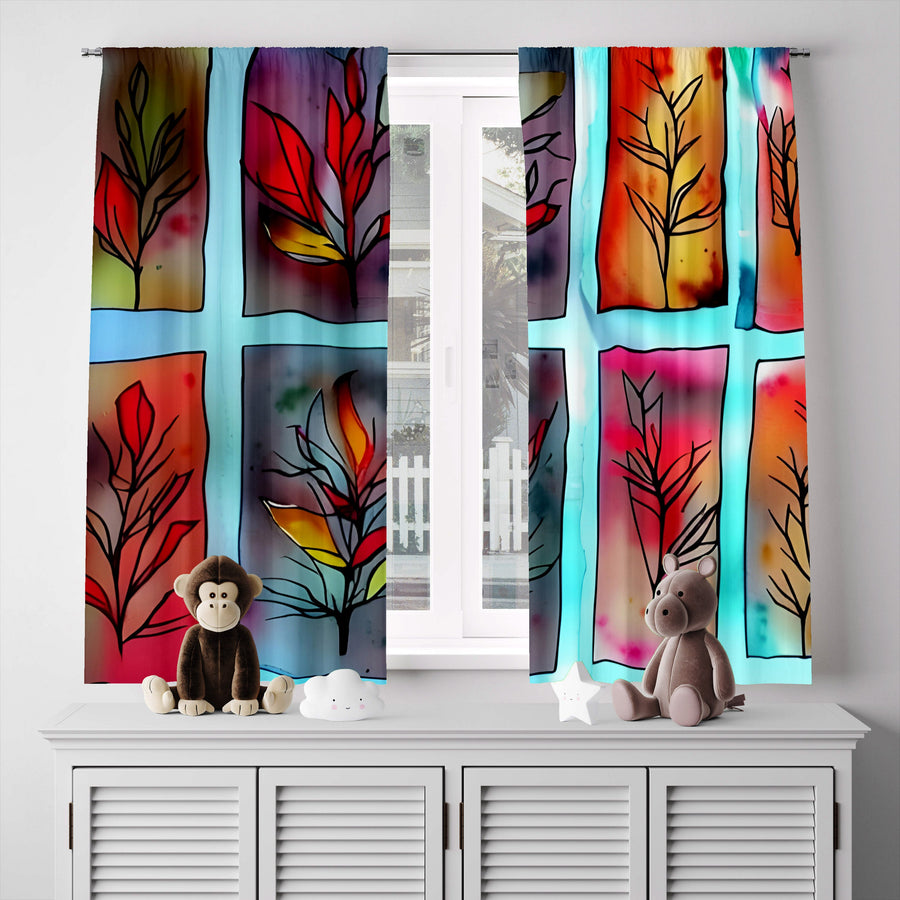 Floral Window Curtain - Pressed Autumn Leaves Stained Glass - Deja Blue Studios