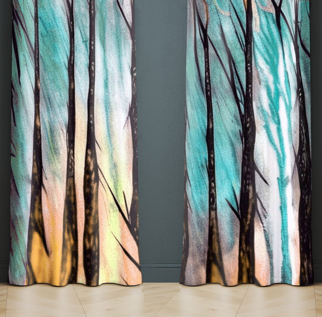 Abstract Window Curtain - Sunrise Watercolor Forest - Deja Blue Studios