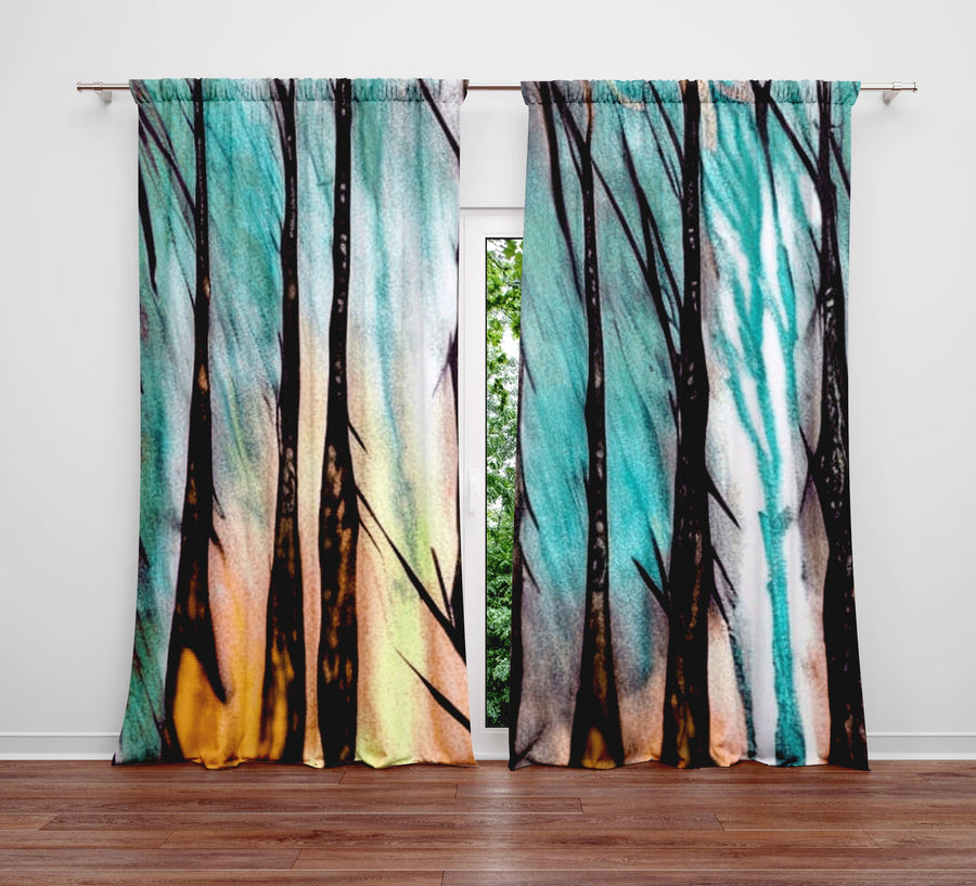 Abstract Window Curtain - Sunrise Watercolor Forest - Deja Blue Studios