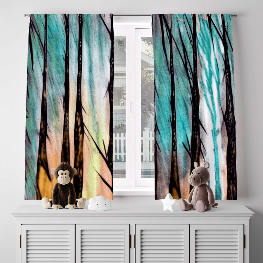 Abstract Window Curtain - Sunrise Watercolor Forest - Deja Blue Studios