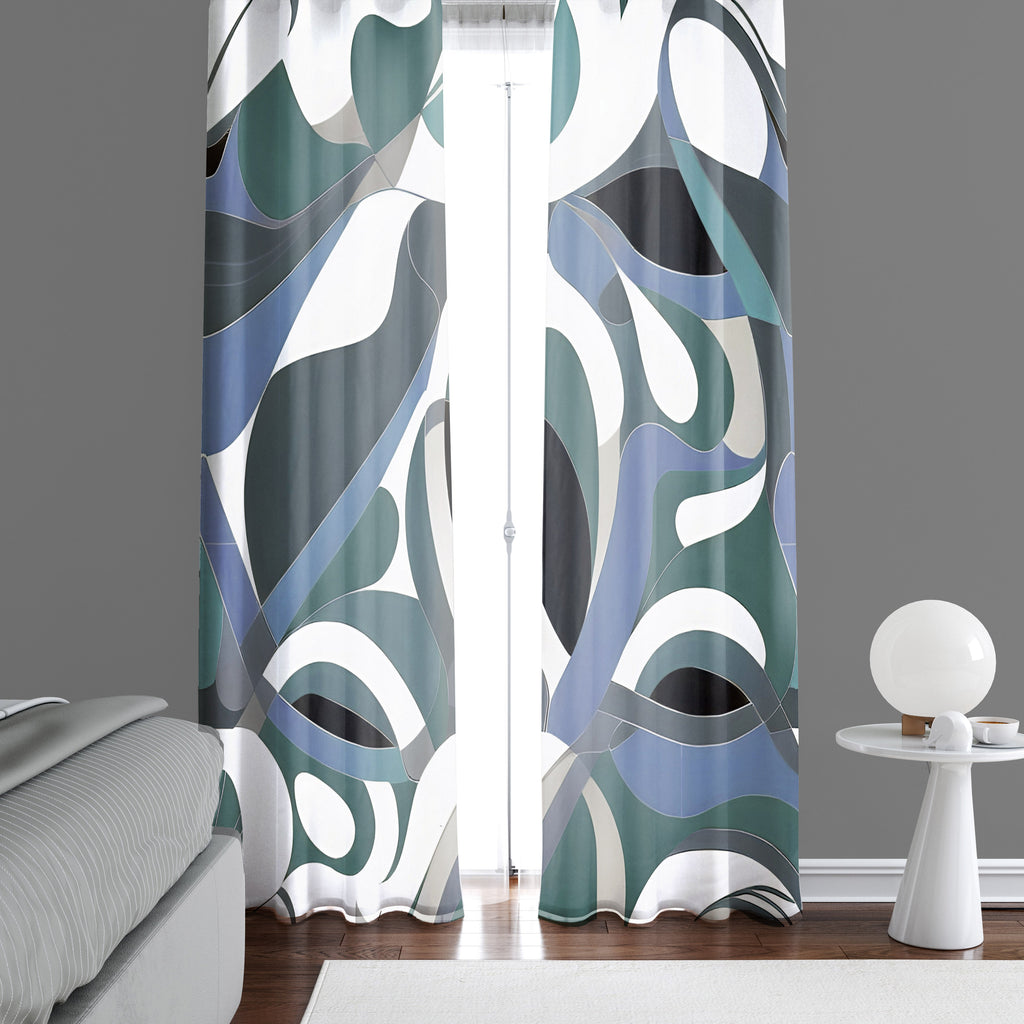 Abstract Window Curtain - Emerald Green and Steel Blue Painted Swirls - Deja Blue Studios
