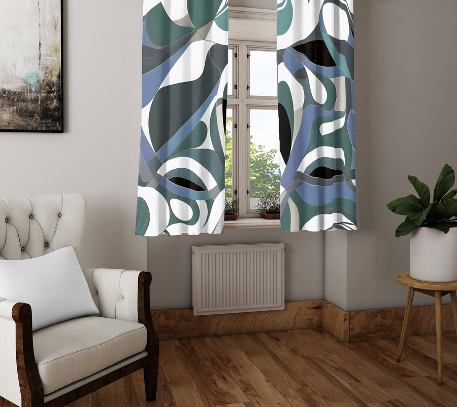 Abstract Window Curtain - Emerald Green and Steel Blue Painted Swirls - Deja Blue Studios