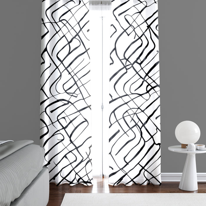 Abstract Window Curtain - Wavy Black and White Stripes - Deja Blue Studios