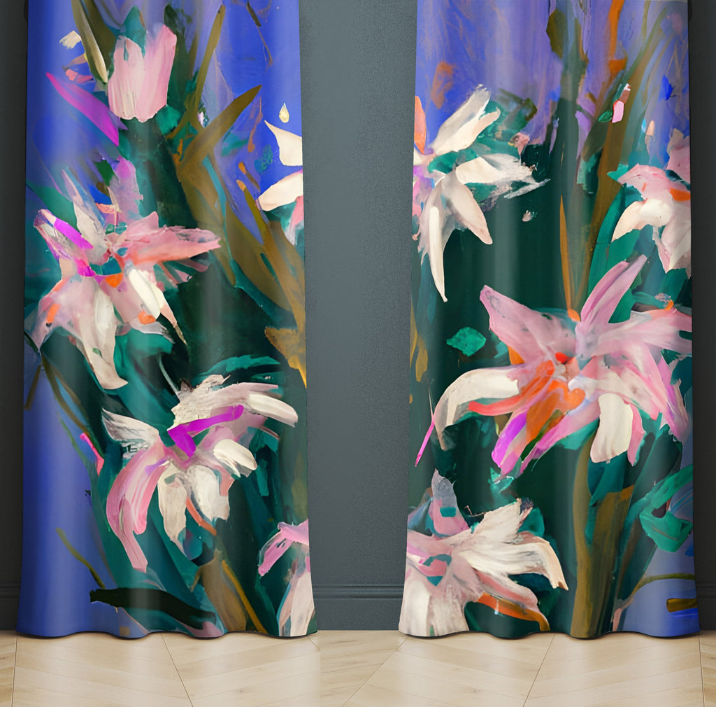 Floral Window Curtain - Watercolor Pink and White Lilies - Deja Blue Studios
