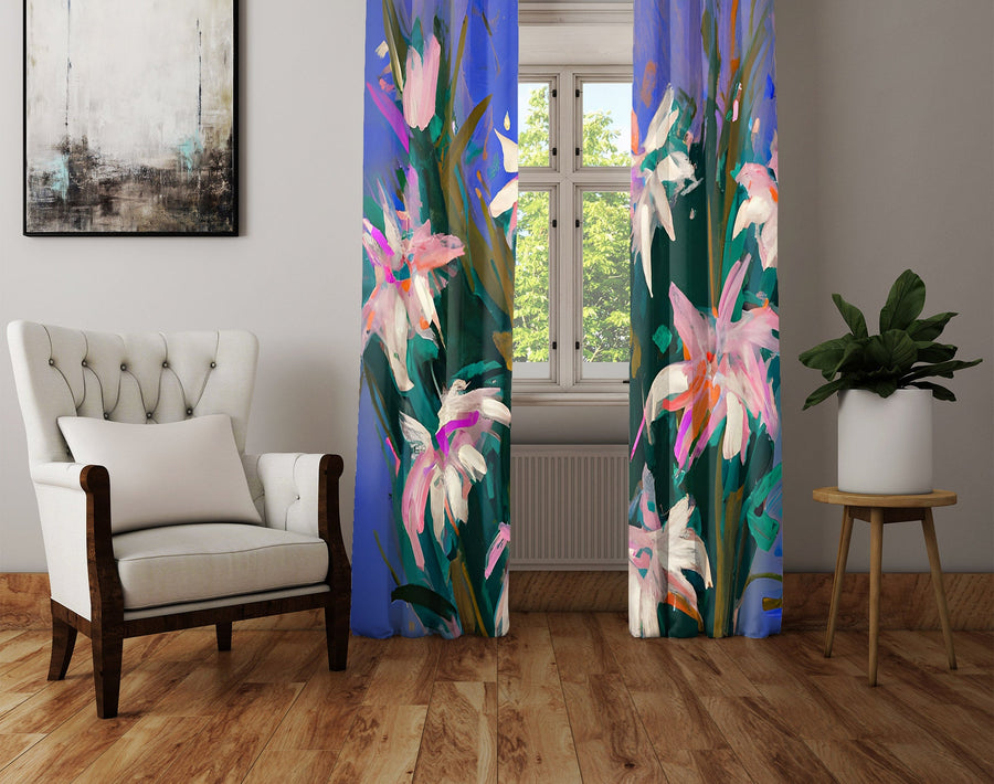 Floral Window Curtain - Watercolor Pink and White Lilies - Deja Blue Studios
