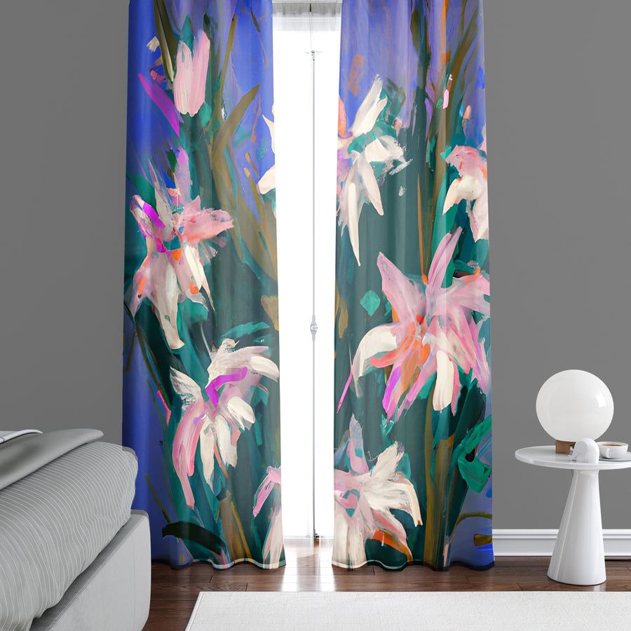 Floral Window Curtain - Watercolor Pink and White Lilies - Deja Blue Studios