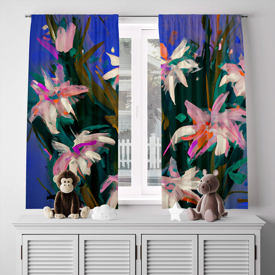 Floral Window Curtain - Watercolor Pink and White Lilies - Deja Blue Studios