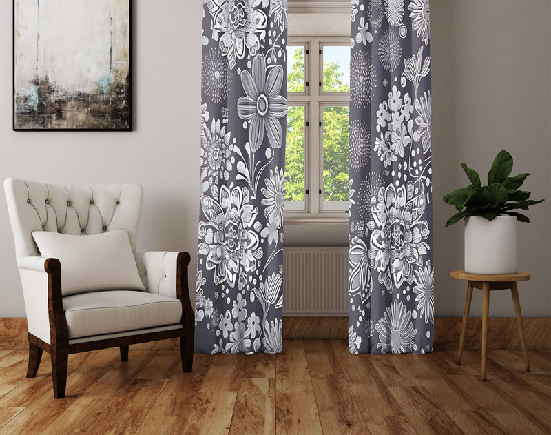Floral Window Curtain - Grayscale Dahlia and Daisy Bursts - Deja Blue Studios