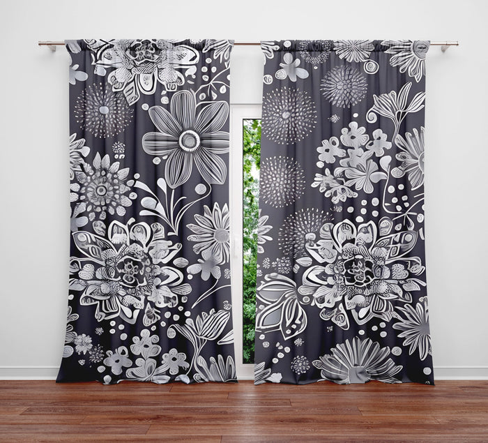 Floral Window Curtain - Grayscale Dahlia and Daisy Bursts - Deja Blue Studios
