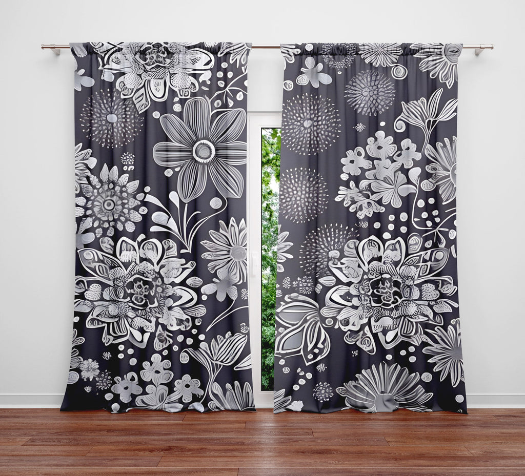 Floral Window Curtain - Grayscale Dahlia and Daisy Bursts - Deja Blue Studios