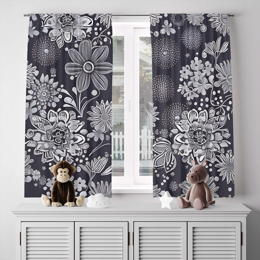 Floral Window Curtain - Grayscale Dahlia and Daisy Bursts - Deja Blue Studios