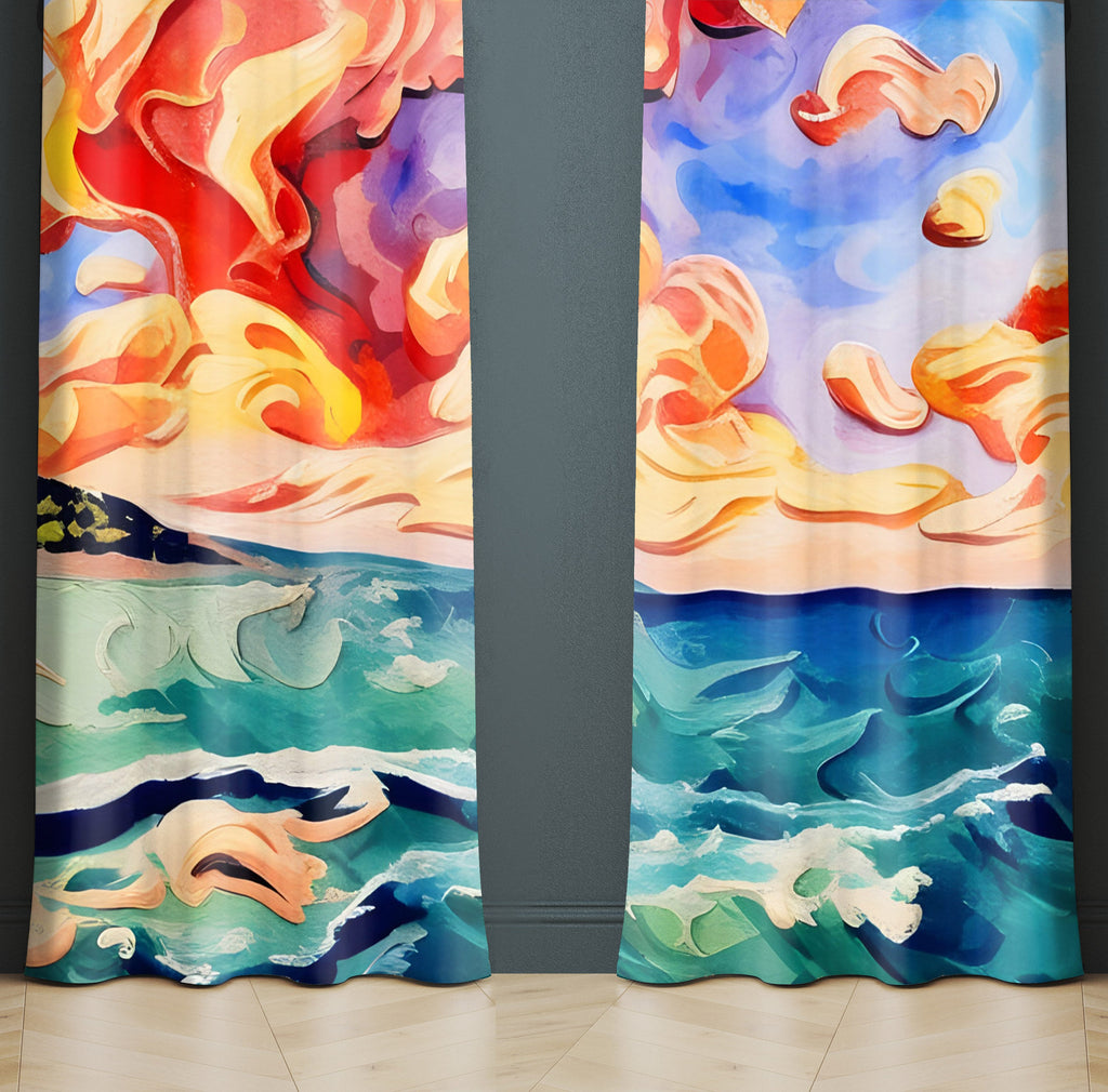 Abstract Window Curtain - Orange and Blue Sunset Oceanside - Deja Blue Studios
