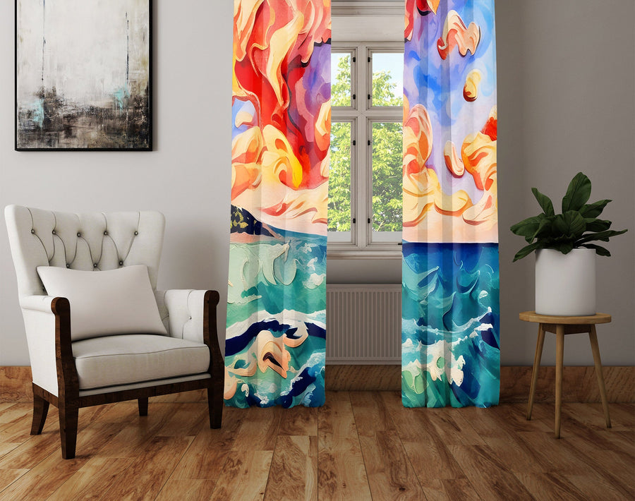 Abstract Window Curtain - Orange and Blue Sunset Oceanside - Deja Blue Studios