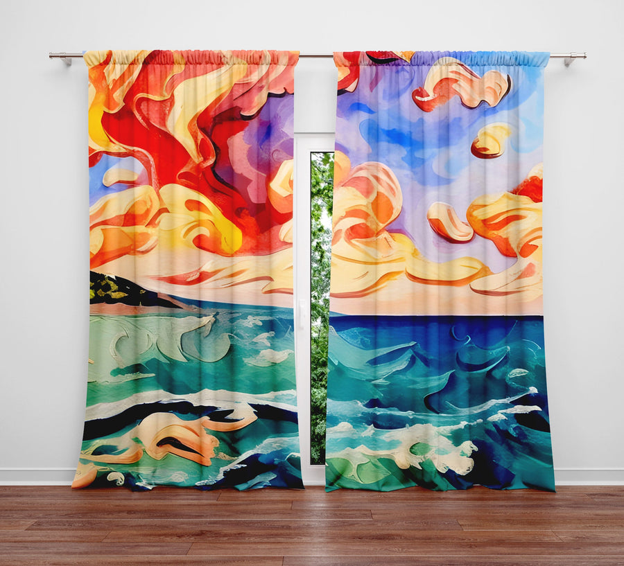 Abstract Window Curtain - Orange and Blue Sunset Oceanside - Deja Blue Studios