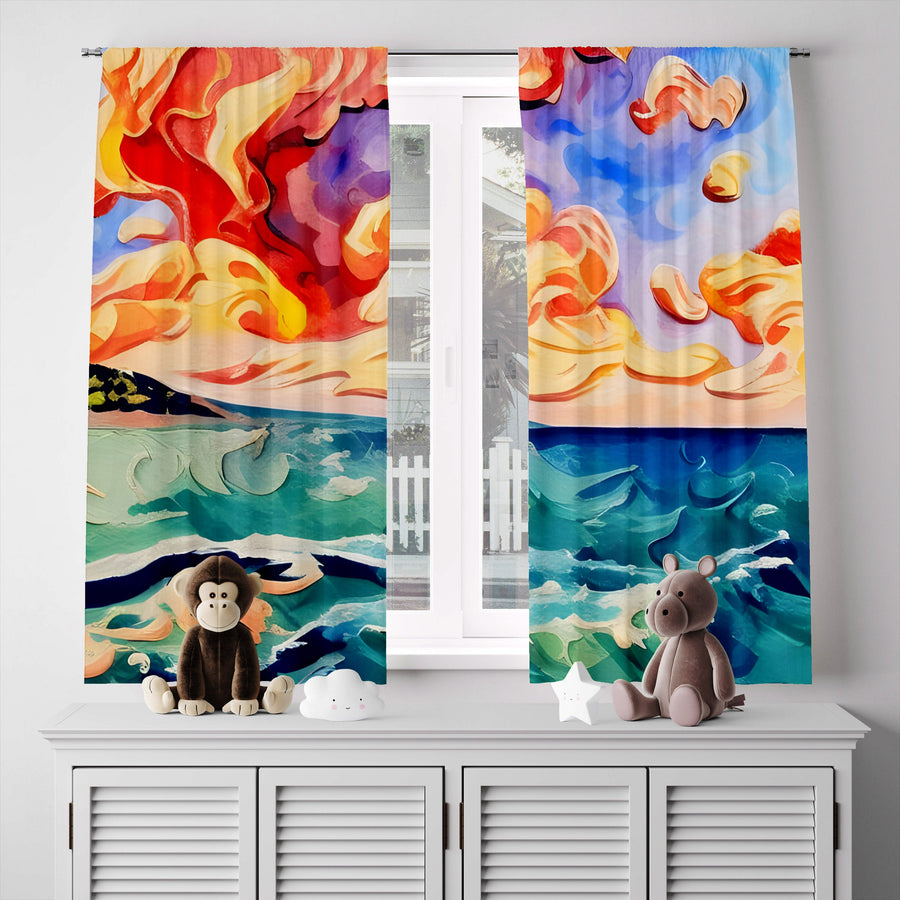 Abstract Window Curtain - Orange and Blue Sunset Oceanside - Deja Blue Studios