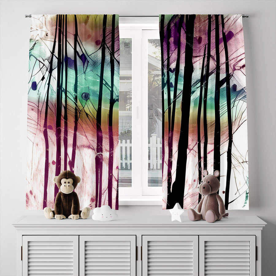 Abstract Window Curtain - Rainbow Glass Winter Forest - Deja Blue Studios