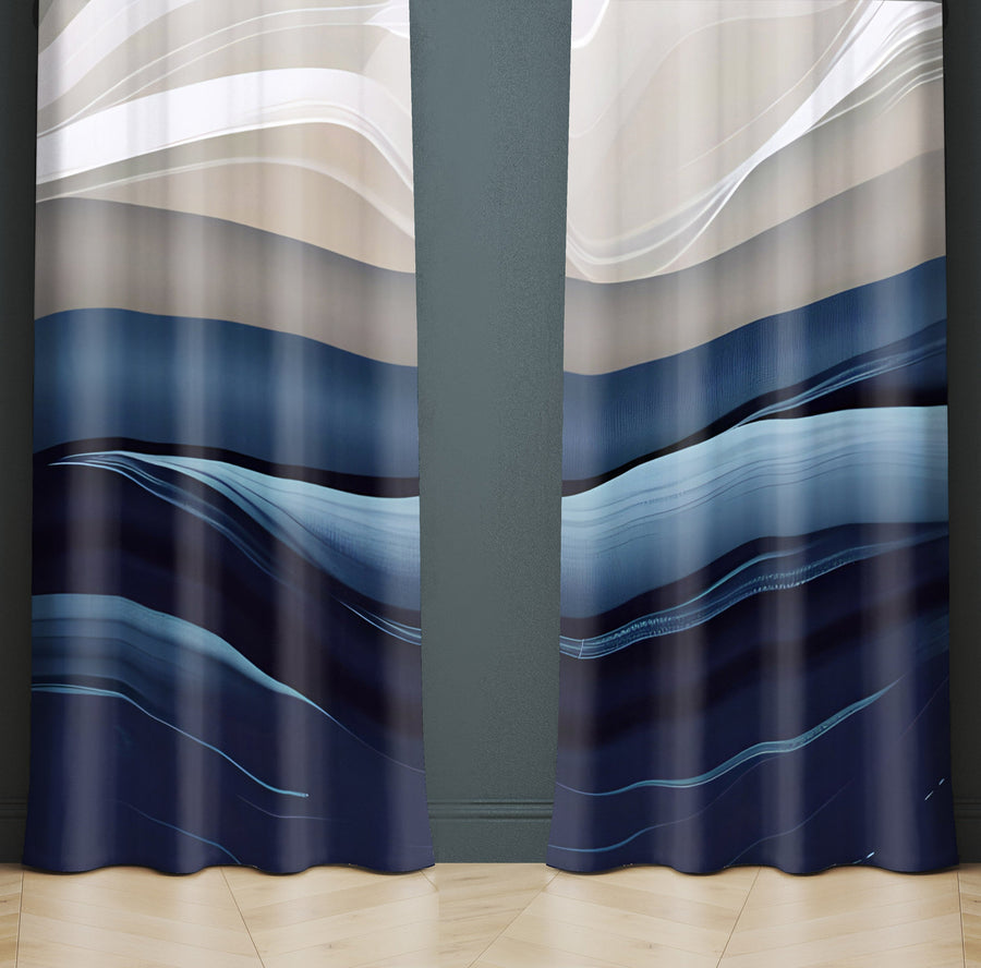Abstract Window Curtain - Tan and Blue Midnight Sand Dunes - Deja Blue Studios