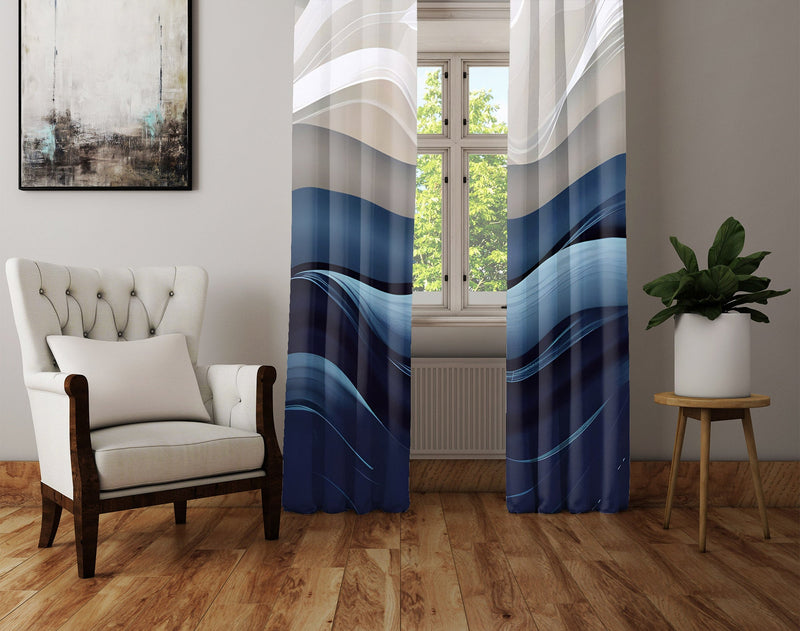 Abstract Window Curtain - Tan and Blue Midnight Sand Dunes - Deja Blue Studios