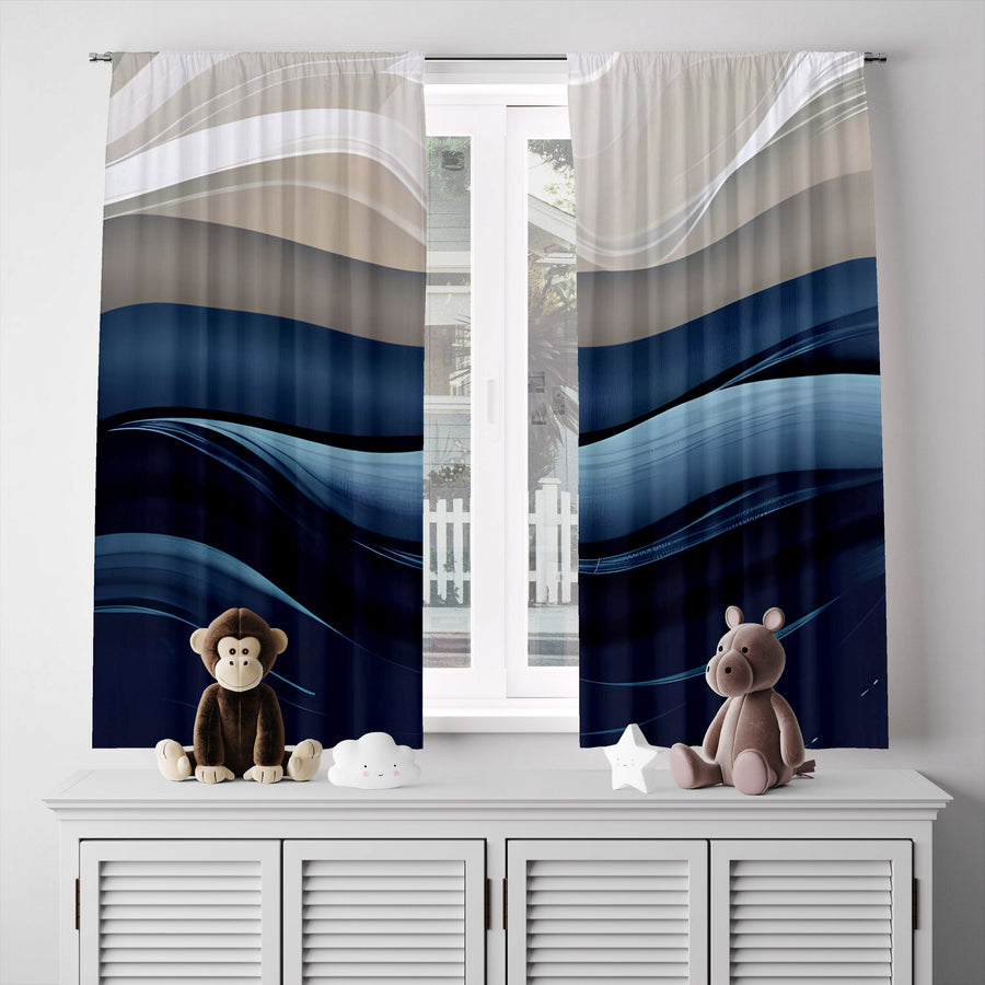 Abstract Window Curtain - Tan and Blue Midnight Sand Dunes - Deja Blue Studios