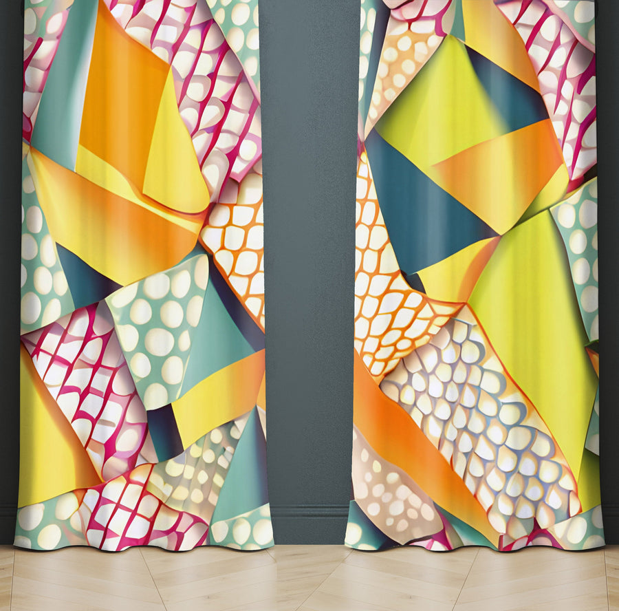 Abstract Window Curtain - Red and Blue Geometric Shapes and Dots - Deja Blue Studios