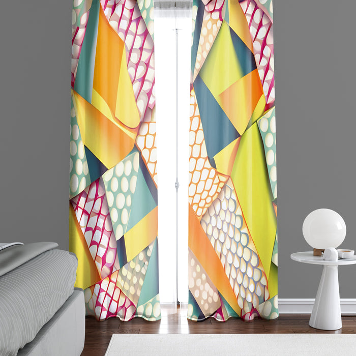 Abstract Window Curtain - Red and Blue Geometric Shapes and Dots - Deja Blue Studios