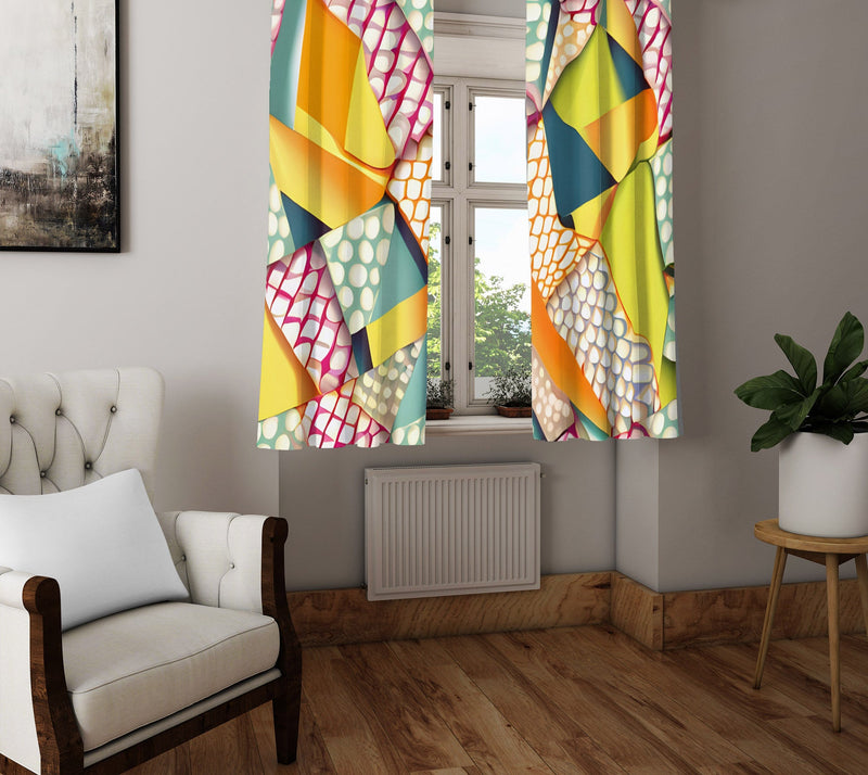 Abstract Window Curtain - Red and Blue Geometric Shapes and Dots - Deja Blue Studios