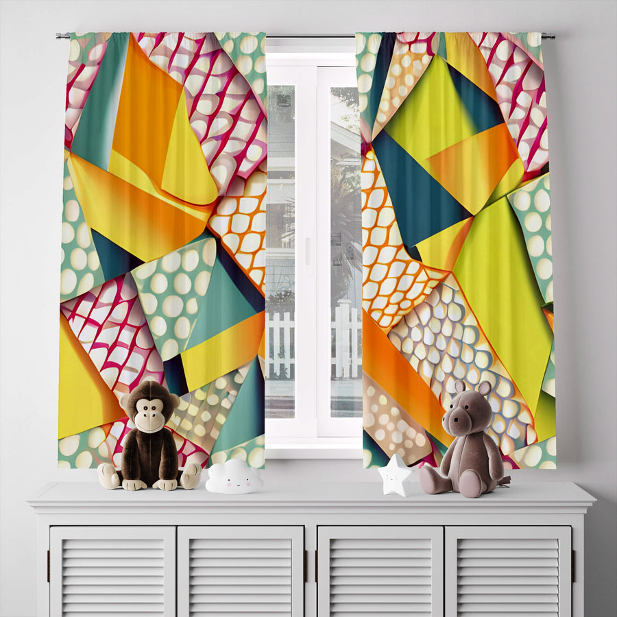 Abstract Window Curtain - Red and Blue Geometric Shapes and Dots - Deja Blue Studios