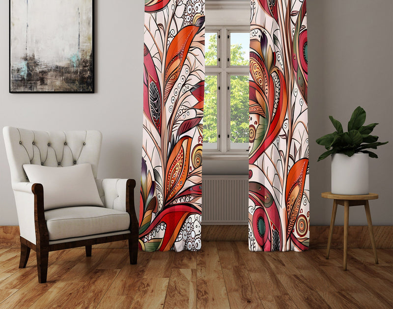 Floral Window Curtain - Orange and Green Abstract Paisley Leaves - Deja Blue Studios