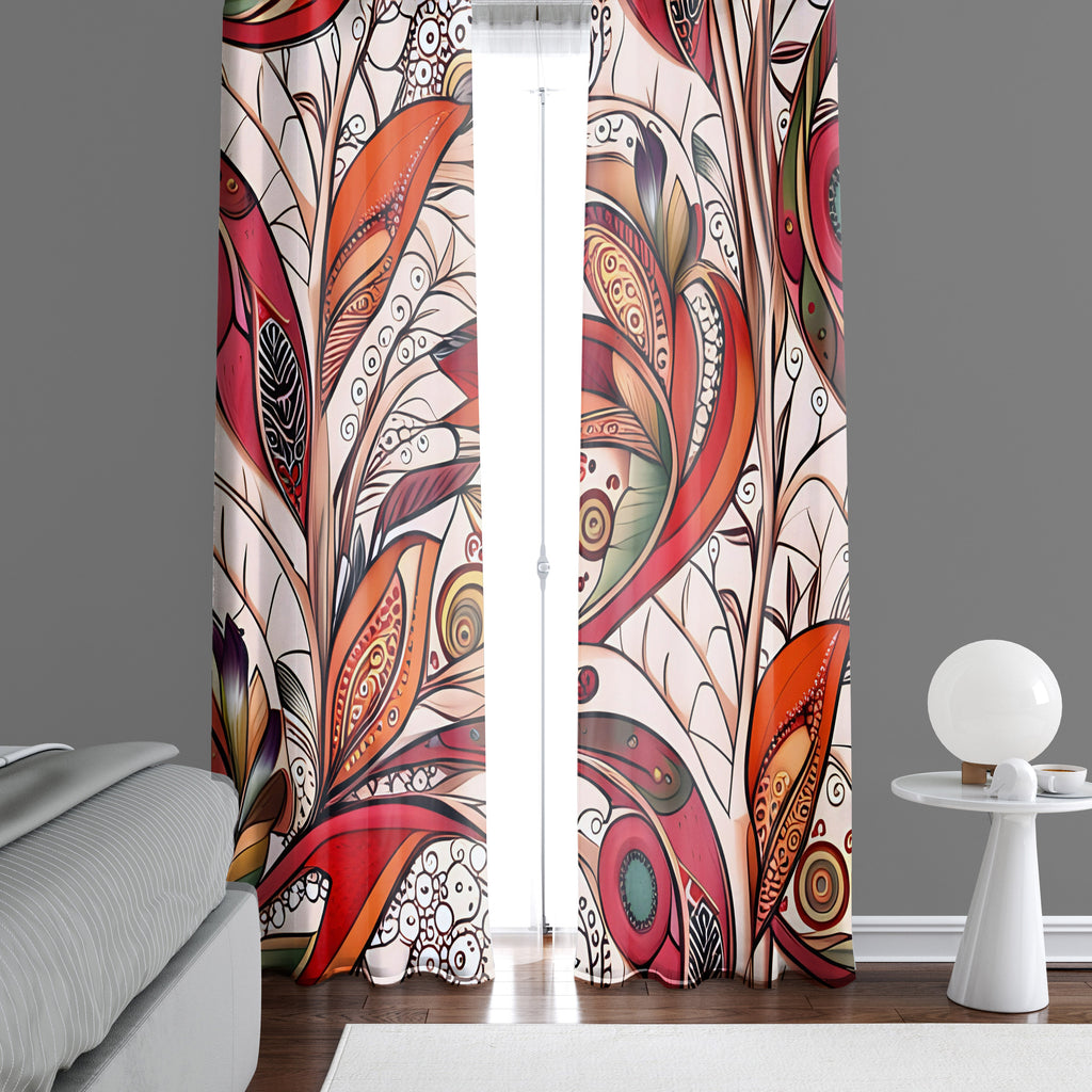 Floral Window Curtain - Orange and Green Abstract Paisley Leaves - Deja Blue Studios