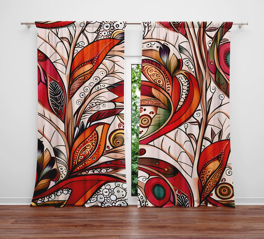 Floral Window Curtain - Orange and Green Abstract Paisley Leaves - Deja Blue Studios