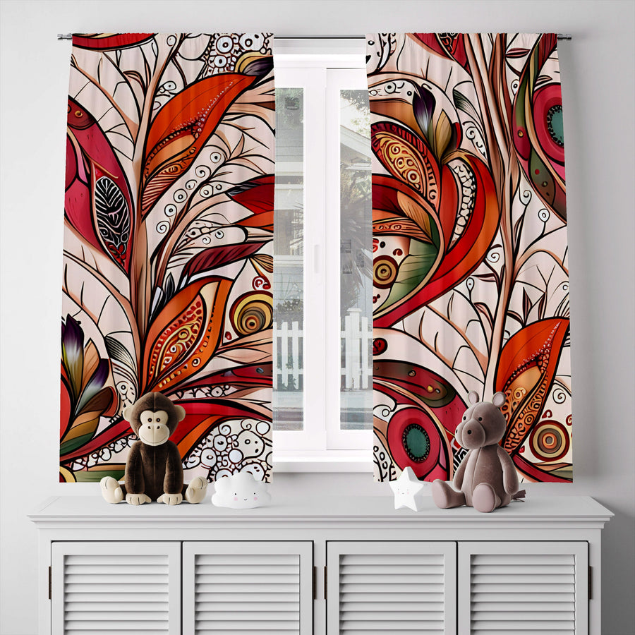 Floral Window Curtain - Orange and Green Abstract Paisley Leaves - Deja Blue Studios