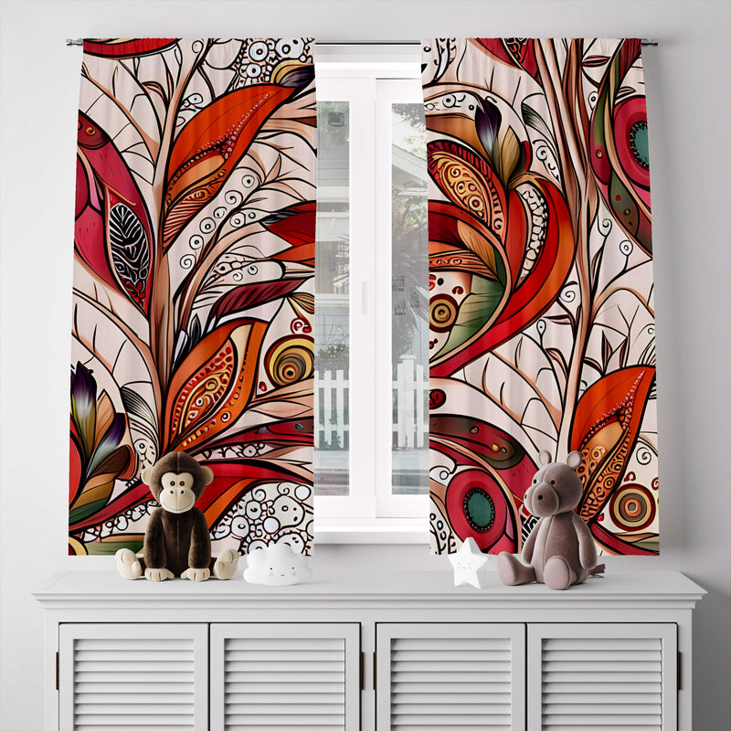 Floral Window Curtain - Orange and Green Abstract Paisley Leaves - Deja Blue Studios