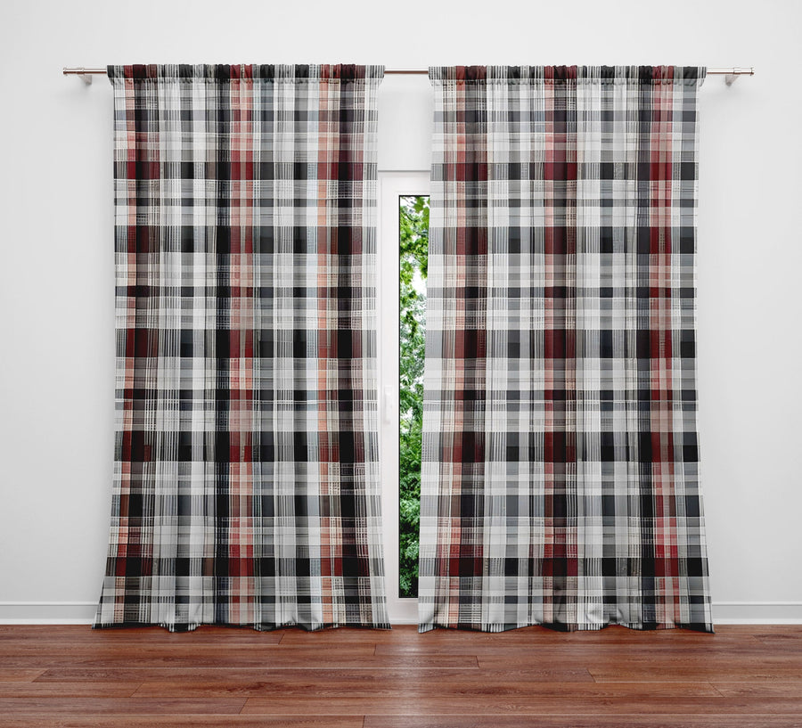Plaid Window Curtain - Black and Red Checkered Picnic Pattern - Deja Blue Studios