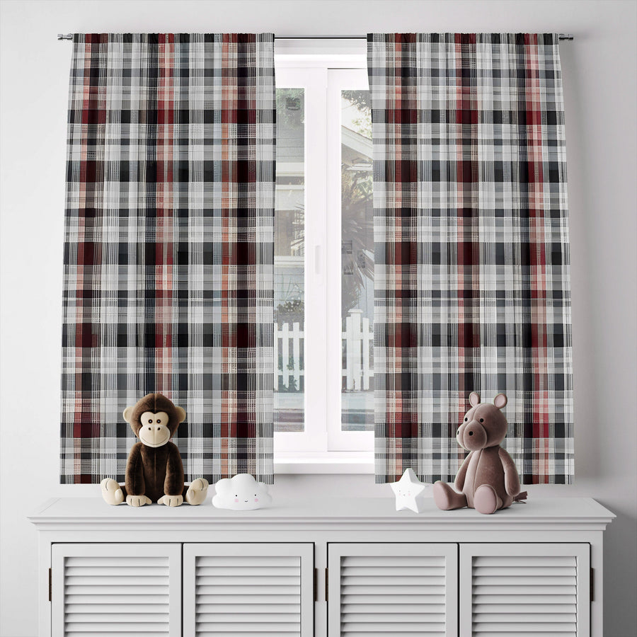 Plaid Window Curtain - Black and Red Checkered Picnic Pattern - Deja Blue Studios