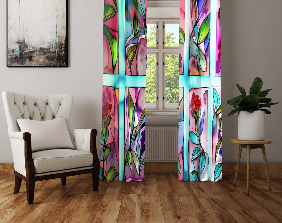 Floral Window Curtain - Rainbow Stained Glass Leaves - Deja Blue Studios