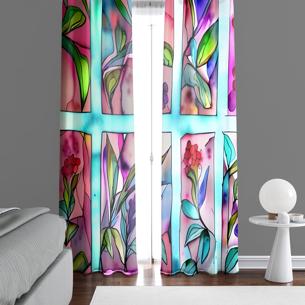 Floral Window Curtain - Rainbow Stained Glass Leaves - Deja Blue Studios