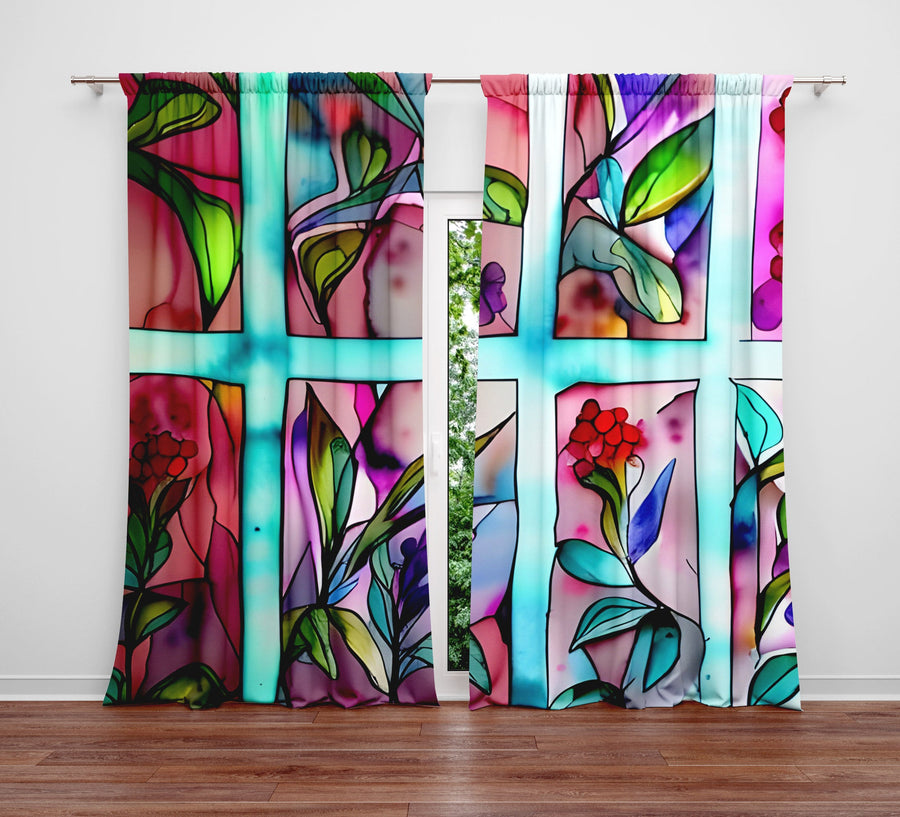 Floral Window Curtain - Rainbow Stained Glass Leaves - Deja Blue Studios