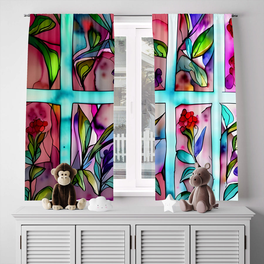 Floral Window Curtain - Rainbow Stained Glass Leaves - Deja Blue Studios