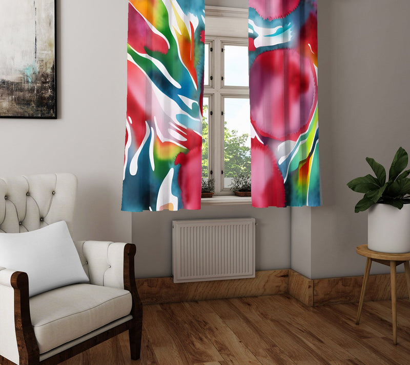 Floral Window Curtain - Abstract Fallen Rainbow Watercolor Sunflower - Deja Blue Studios