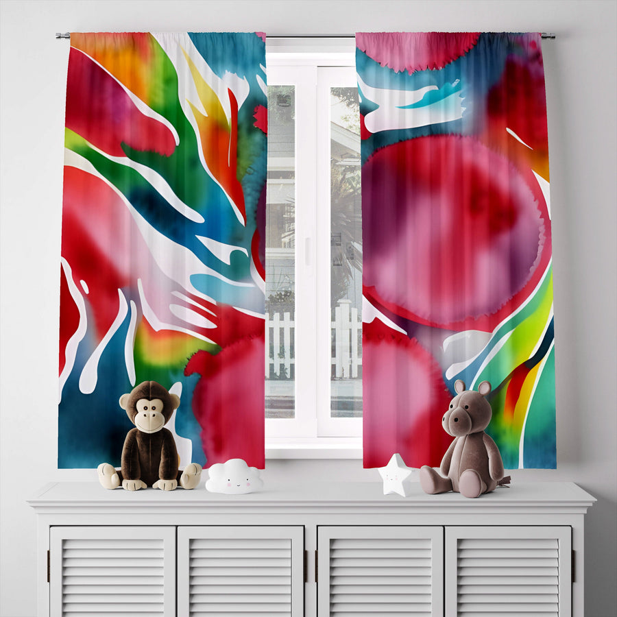 Floral Window Curtain - Abstract Fallen Rainbow Watercolor Sunflower - Deja Blue Studios