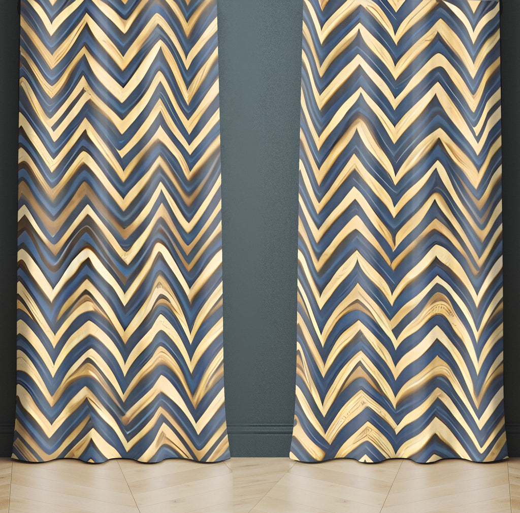 Chevron Window Curtain - Blue and Gold Abstract Stripes - Deja Blue Studios