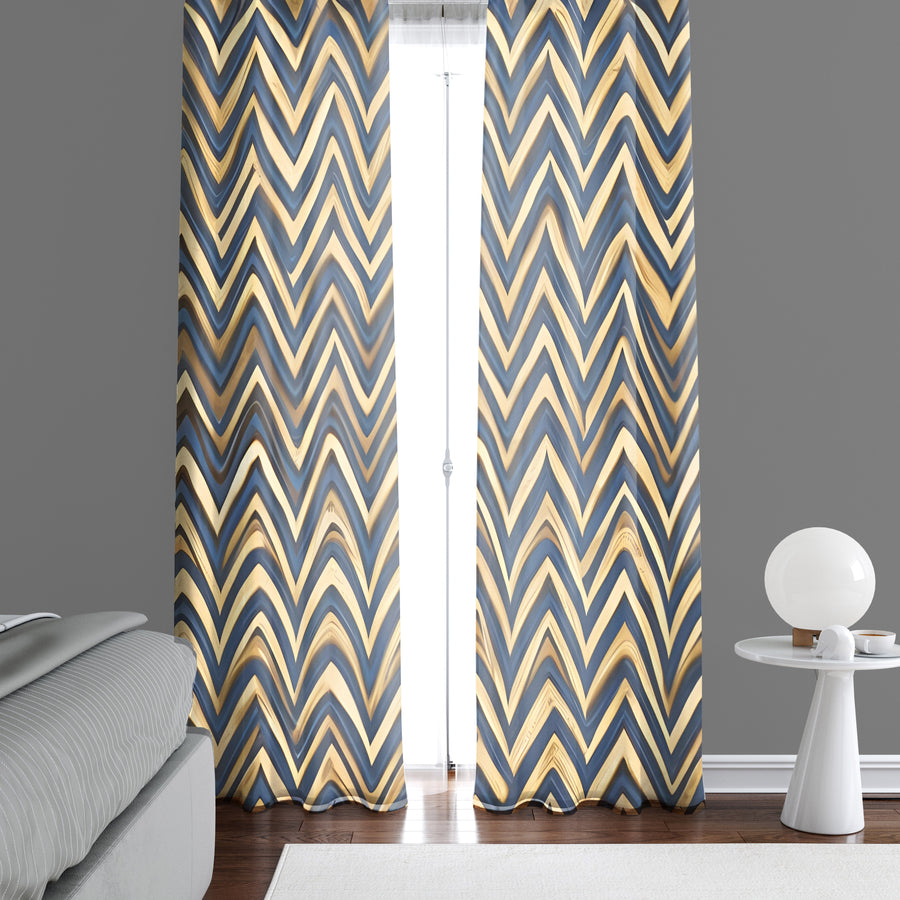 Chevron Window Curtain - Blue and Gold Abstract Stripes - Deja Blue Studios