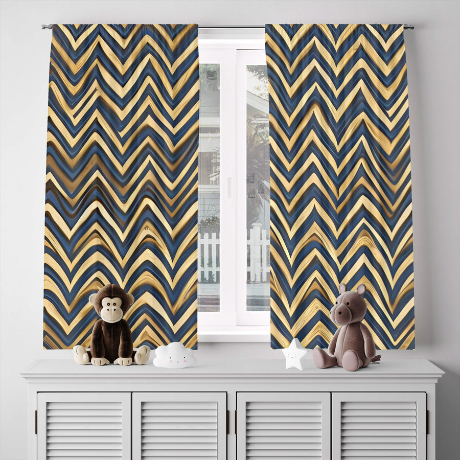 Chevron Window Curtain - Blue and Gold Abstract Stripes - Deja Blue Studios