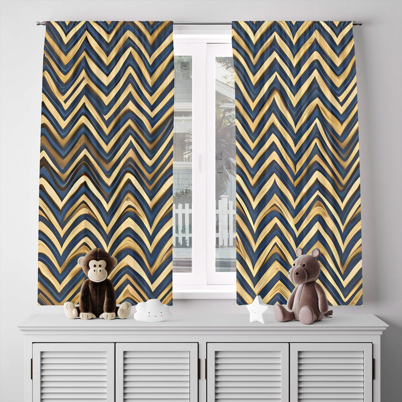 Chevron Window Curtain - Blue and Gold Abstract Stripes - Deja Blue Studios